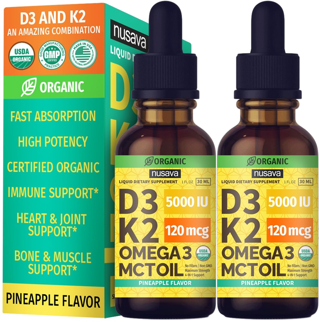 (2 pakiranji) organske kapljice vitamina D3 K2 z MCT oljem Omega 3, največja jakost vitamina D tekoča 5000 i.e., brez polnil, ne-GMO tekoča D3 za hitrejšo absorpcijo in imuno podporo (Pineapple, 2 Fl Oz)