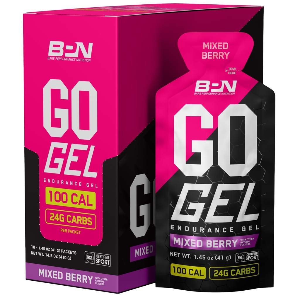 HRANILA ZA UČINKOVITOST, BPN Go Gel Endurance, 24 g ogljikovih hidratov in 100 kalorij na paket, Vegan + Gluten Free Running Gel, 10 kompletov za enkratno uporabo, mešana jagoda