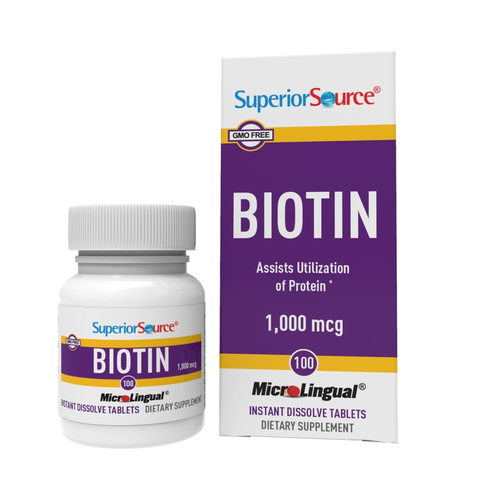 Superior Source Biotin 1000 mcg. Pod jezikom Quick Dissolve MicroLingual tablete, 100 Štetje, Podpira zdrave lase, kožo in rast nohtov, Pomaga podpreti energetsko presnovo, ne-GMO