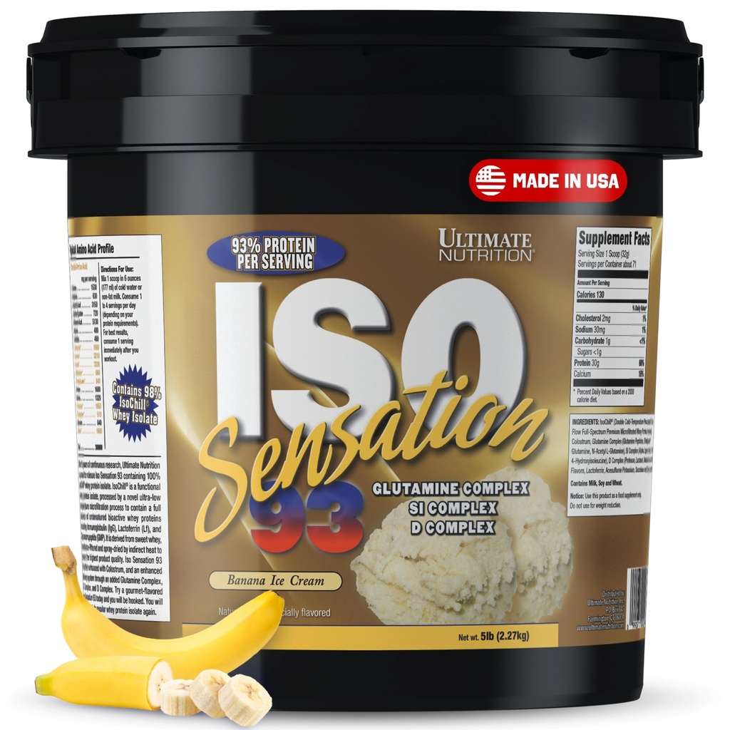 Ultimate Nutrition Whey Protein Isolate Powder with Glutamine Complex, ISO Sensation 93 - Whey Protein Powder z dodanim kolostrumom za izboljšano regeneracijo, Immunity & Gut Health - Banana, 5Lbs
