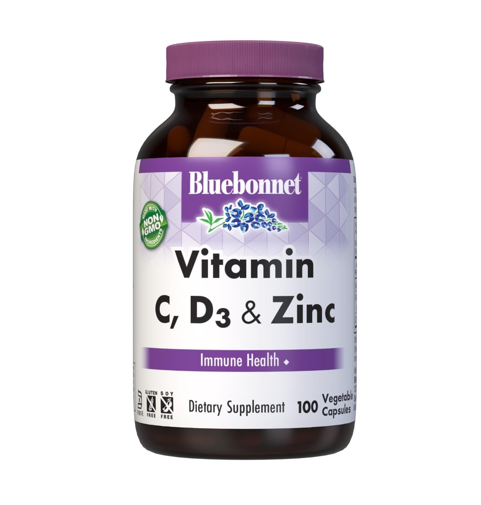 Bluebonnet Nutrition Vitamin C, D3 & cink, za delovanje imunskega zdravja in dihal*, brez soje, brez glutena, brez GMO, Kosher Certified, Dairy-free, 100 Zelenjavnih kapsul, 100 Serving