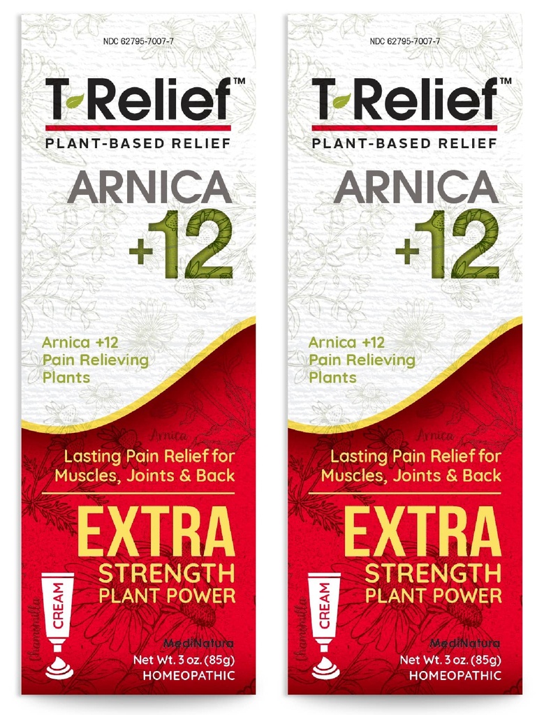 MediNatura T-Relief Extra Strength Cream Arnica +12 Naravno lajšanje Aktivnosti za bolečine v hrbtu Skupna bolečina Mišične bolečine & Stiffness, Celo telo hitro deluje Relief za ženske in moške - 3 oz (2 paket)