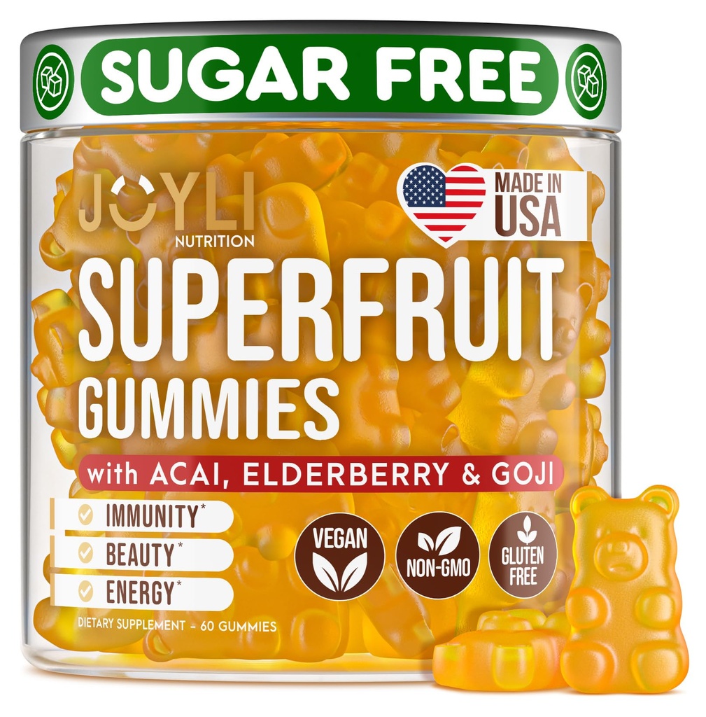 Joyli Superfood Gummies - brez sladkorja sadje Multivitaminski Gummi za odrasle - Naravni Gummi Vitamini za ženske in moške z Goji, Bezgovina, Vitamini A, C, D & E - Podpira Immuniteto, Prebava in energija