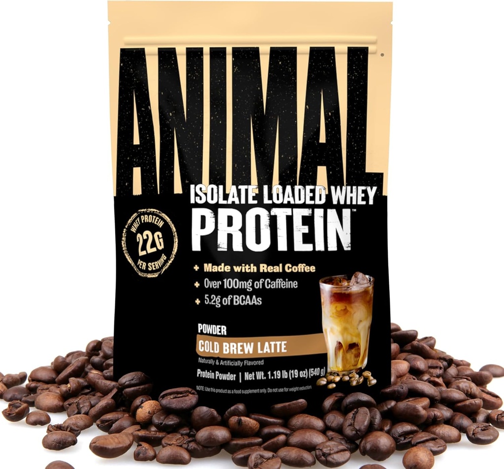 Animal Whey Protein Coffee Powder, naložen z 22 g beljakovin, 100 mg kofeina in BCAA za pred in po treningu mišice graditelj okrevanje z digestivnimi encimi za moške in ženske, hladno Brew Latte, 1 lb