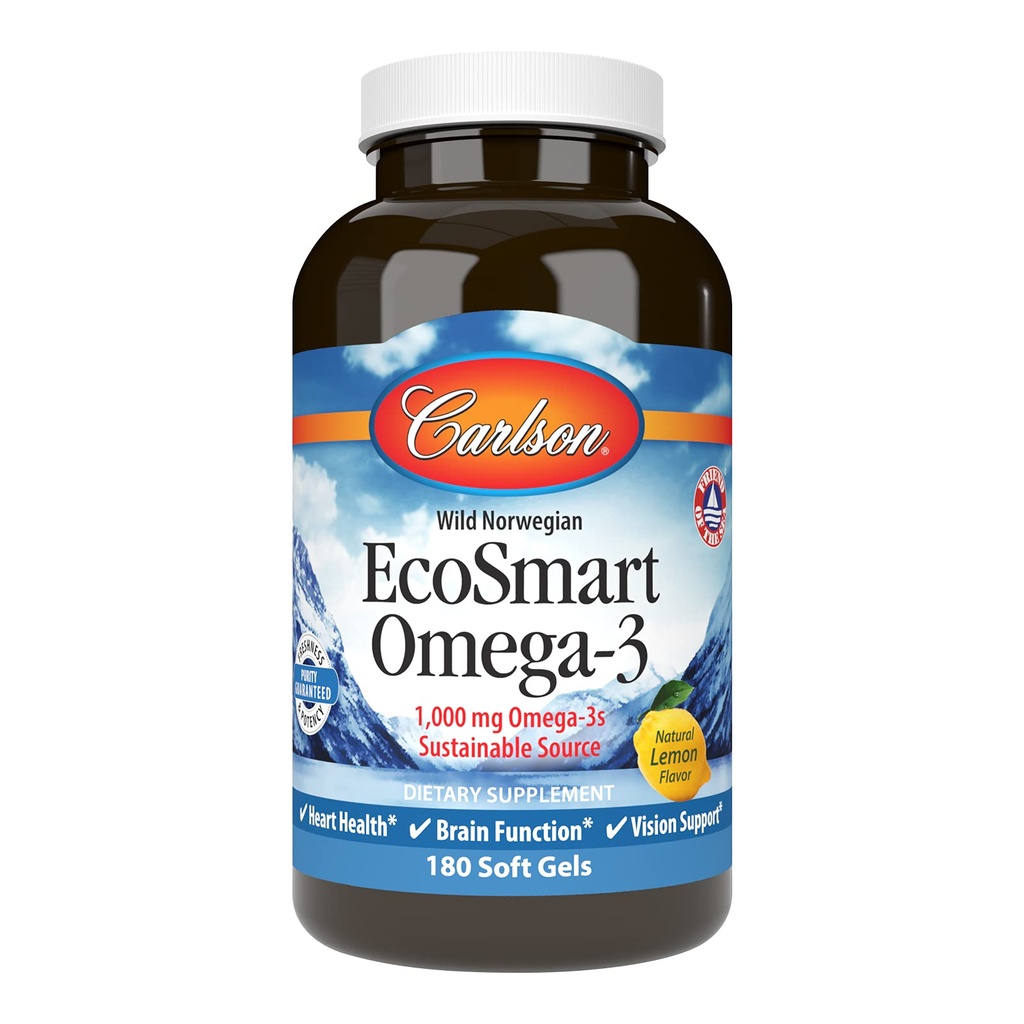 Carlson - EcoSmart Omega-3, 1000 mg Omega-3, trajnostni vir, zdravje srca, delovanje možganov in podpora vidu, Lemon, 180 Softgels