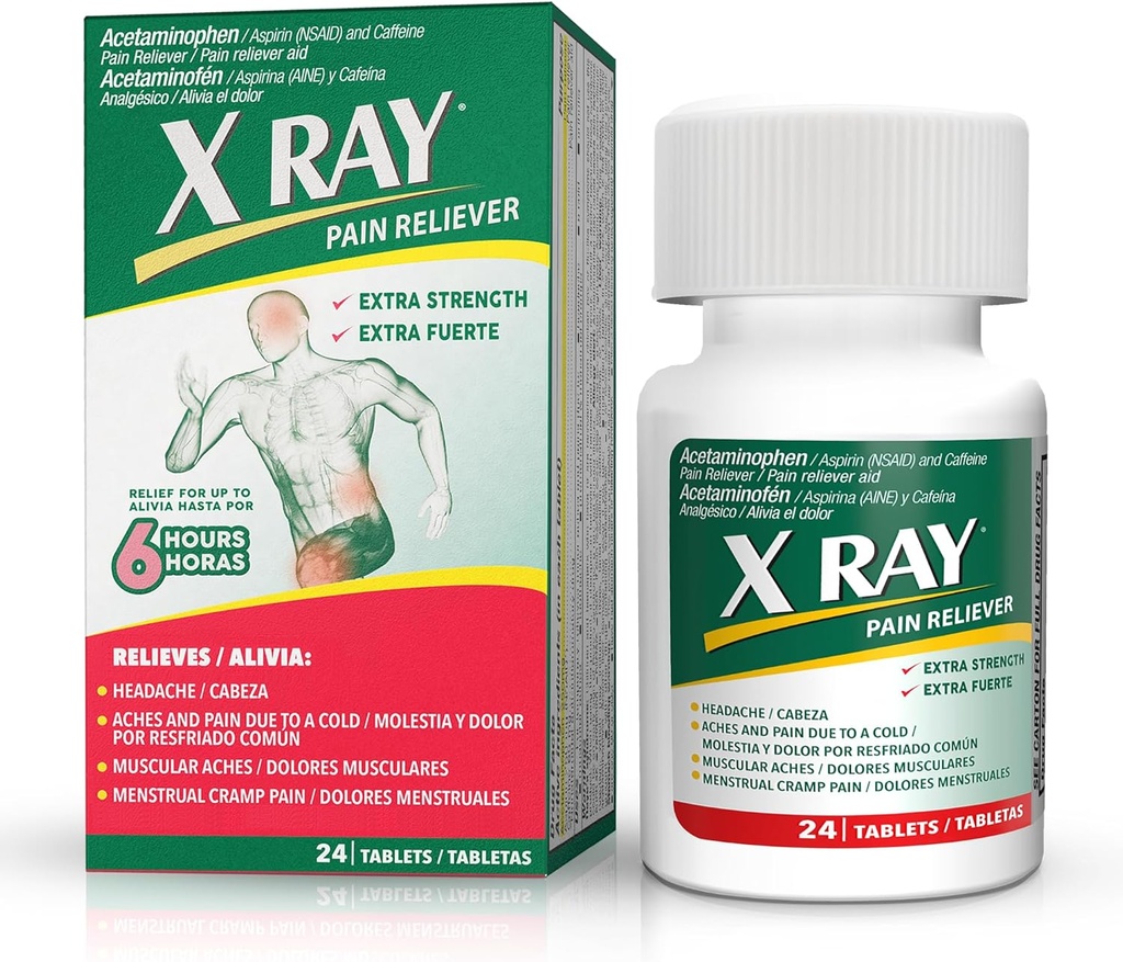 X RAY Dodatna jakost bolečina Reliever: Acetamofen 500 mg, Aspirin, kofein - 24 Tablete vsak, Potent Formula za migreno, glavobol, in lajšanje bolečine v hrbtu, zmanjša vnetje