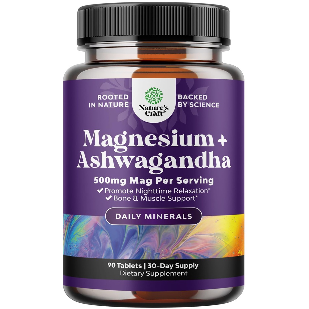 Pure Calm Relaxing Magnezij Glicinate dodatek z Ashwagandha - Magnezij za podporo stresu in počitek za odrasle - visoke absorpcijske tablete za podporo kosti in mišične kratice - 90 Count