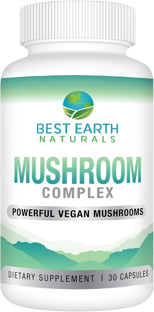 Best Earth Naturals Vegan gob kompleks dopolnilo za energijo, jasnost in kognitivno - Imunska podpora w/Lion's Mane, Reishi, Chaga, Maitake & Shiitake 30 dni dobave (30 kapsul)