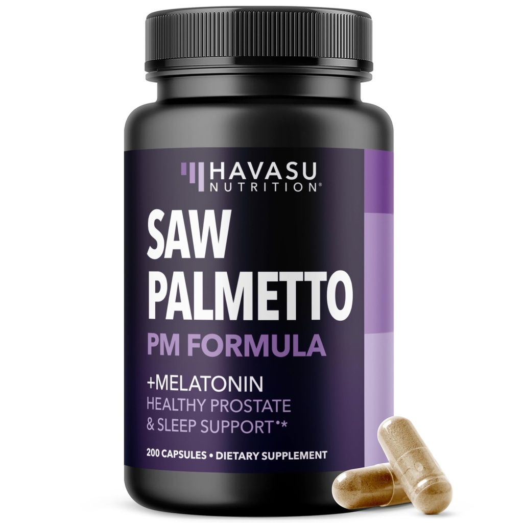 Saw Palmetto PM za moške z Melatonin 3mg - nočni čas prostate zdravstvenega dopolnila za Bladder in podporo za spanje - zmanjšanje frekvence urina - 200 Count - Veganske, ne-GMO kapsule - več kot 6 mesecev dobave