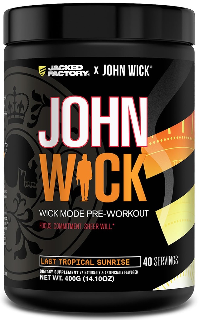 Jacked Factory X John Wick - Wick Mode Pre Workout Powder - intenzivna energija, bojno pripravljen fokus, neustavljiva zaveza in čista volja - 40 služenja, zadnji tropski sončni vzhod