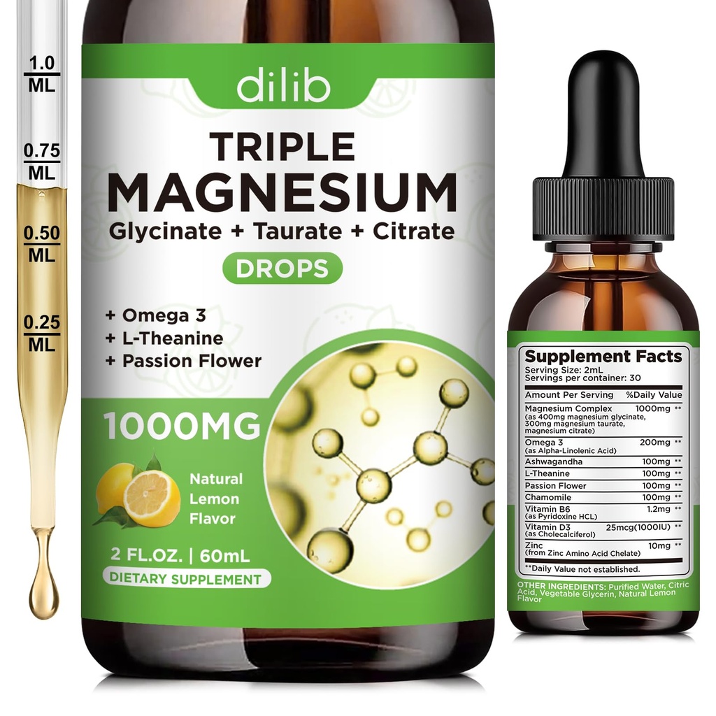 Tekoči magnezijev glicinat Dodatek 1000mg, Mirni magnezijev citrat, Taurat kapljice z Omega 3, cink, Ashwagandha, L-teanin, Kamilica za spanje, Mood, Stress Relief, kosti, mišice, limonina aroma