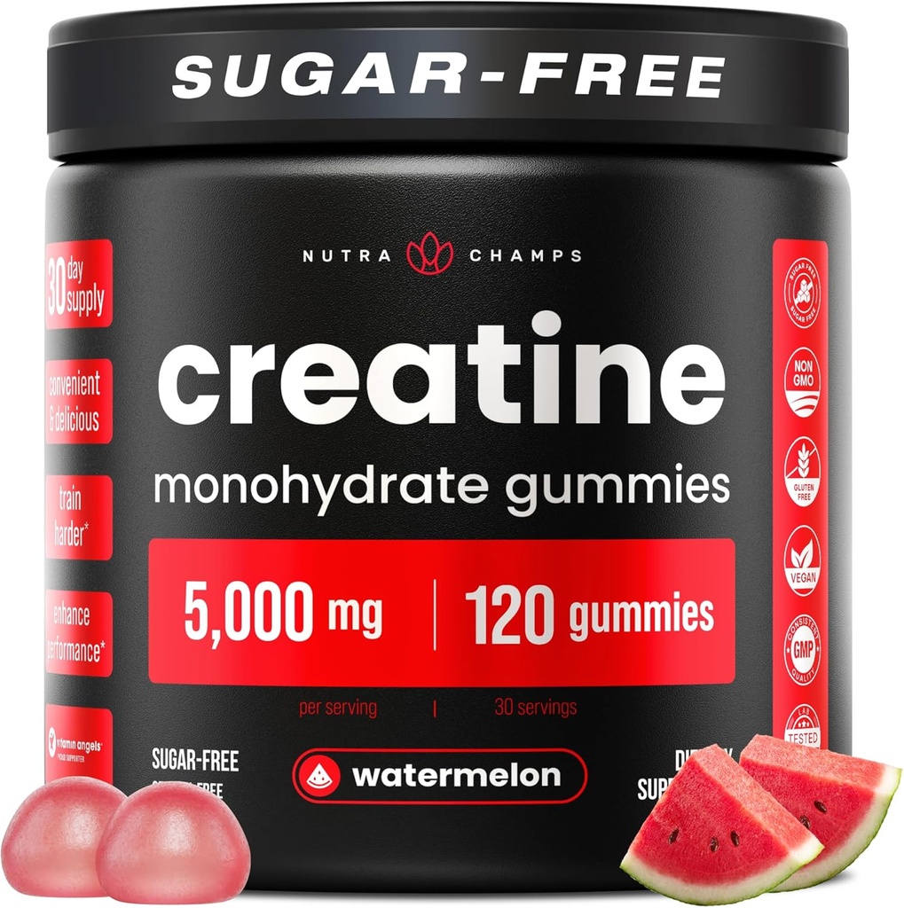 NutraChamps 120 Kreatin Gumiji za moške in ženske - 5g brez sladkorja žvečljivi Kreatin monohidrat Gumiji - Podpira sintezo beljakovin, okrevanje mišic in delo