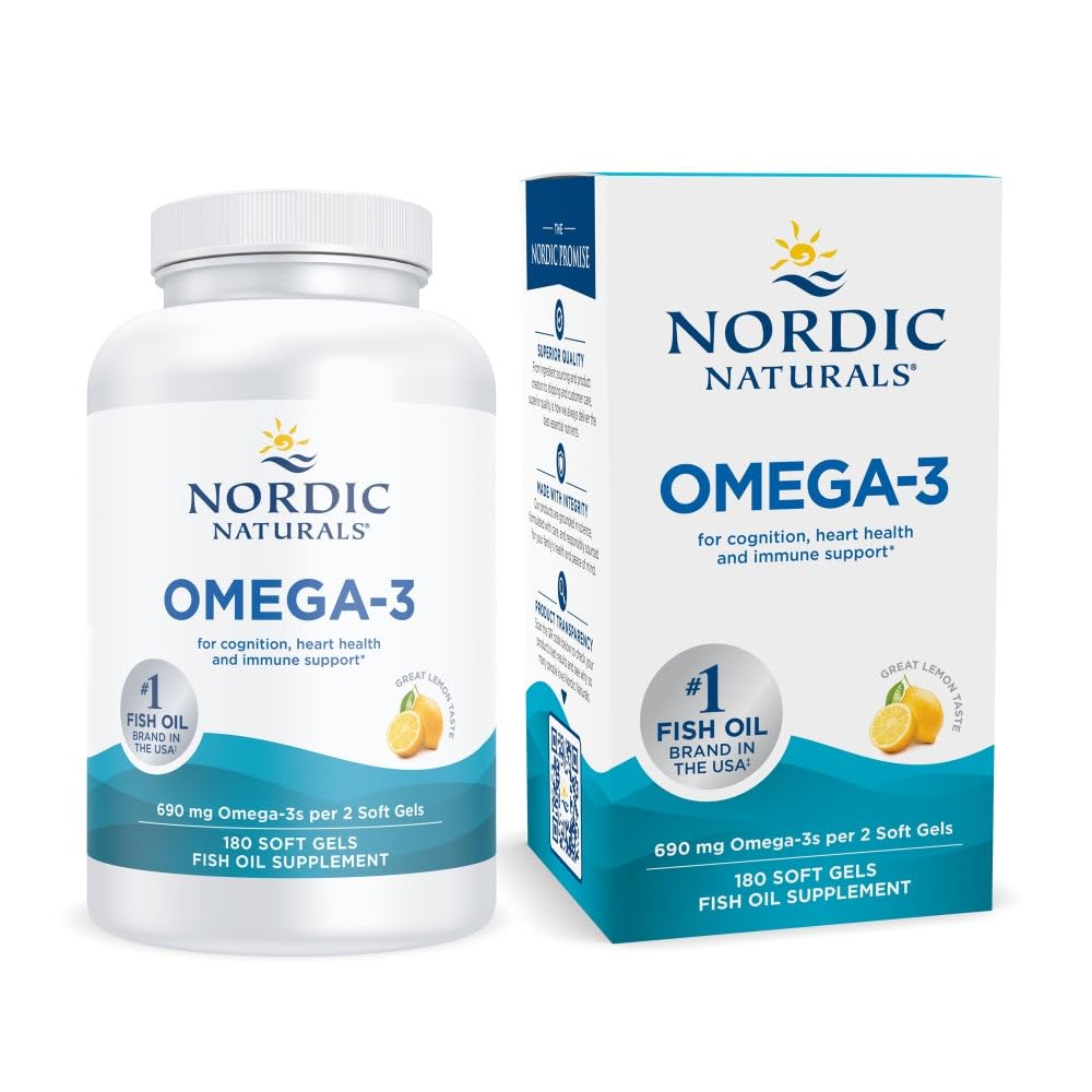 Nordic Naturals Omega-3, Lemon Flavor - 180 Soft Gels - 690 mg Omega-3 - ribje olje - EPA & DHA - Imunska podpora, zdravje možganov in srca, Optimalna Wellness - Non-GMO - 90 Servinges