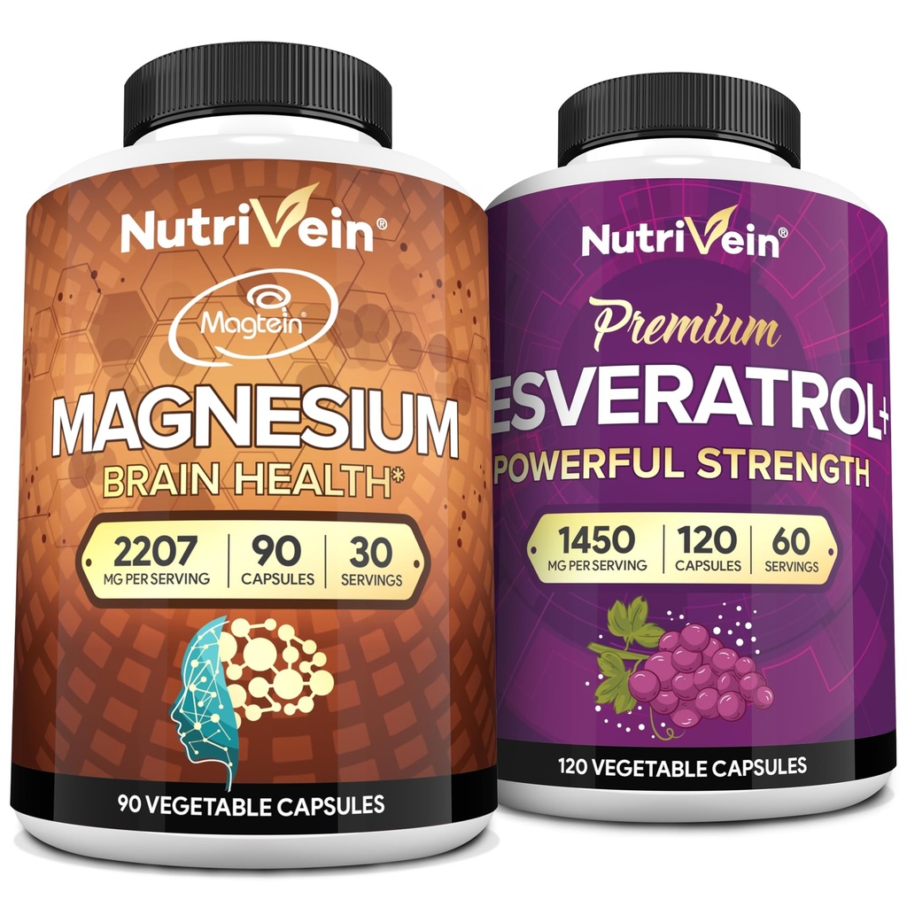 Nutrivein Premium Magnezijev L-treonat & Resveratrol dopolnilo paket: Visoko-Absorpcija Magnezijev Treonat in Resveratrol Kapsule za popravila, obrambo, & Vitalnost