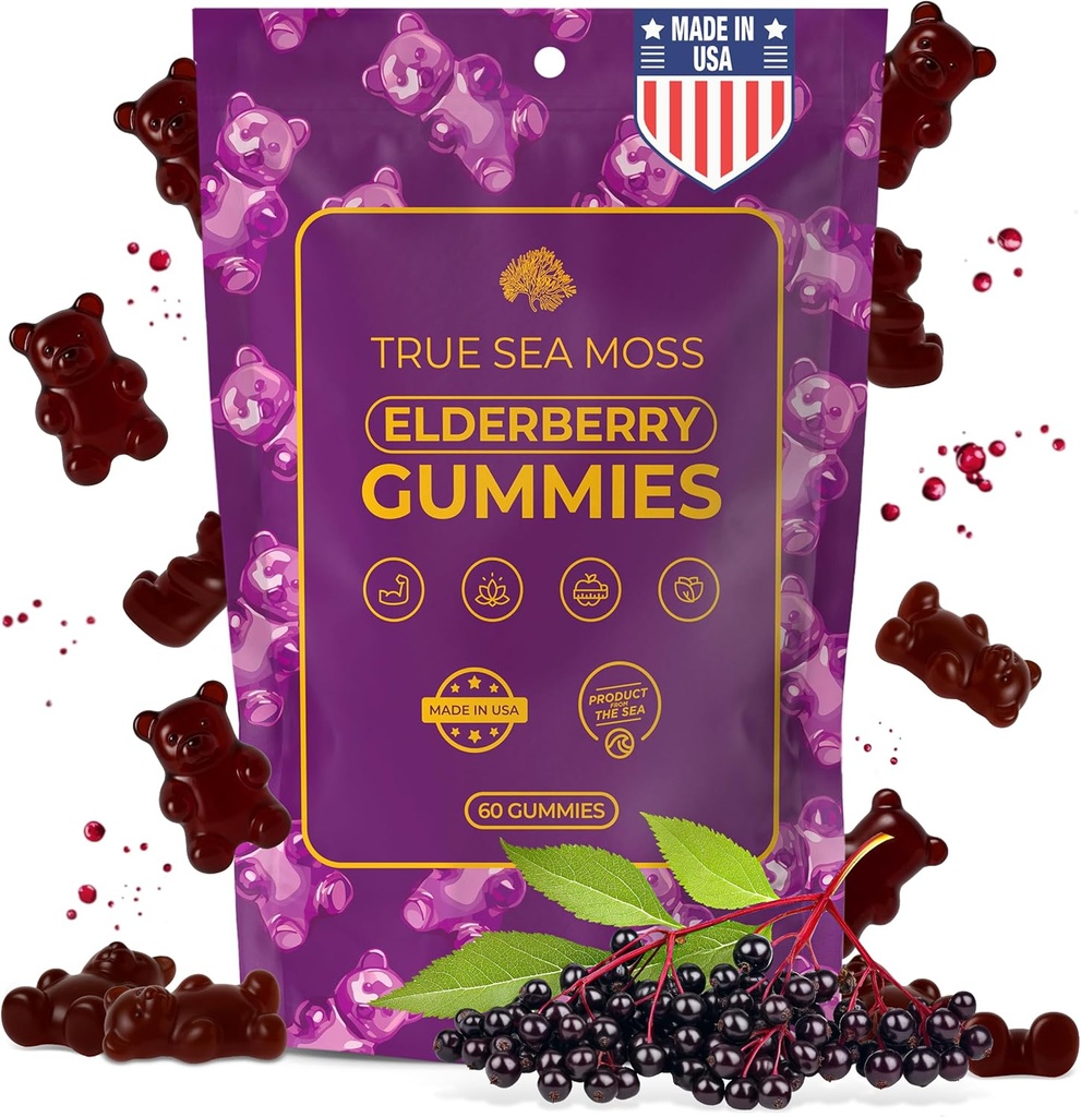TrueSeaMoss Sea Moss Elderberry Gummies za odrasle in otroke – z Burdock Root, Bladderwrack & Magnezij – Vegan, Non-GMO Formula – Made in USA – 60 Gummies