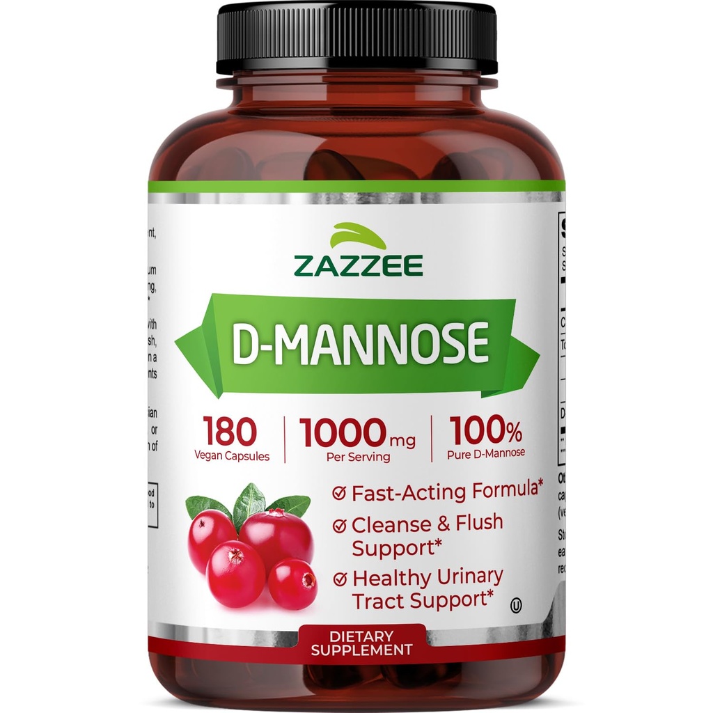 Zazzee D-mannose, 1000 mg na serviranje, 180 veganskih kapsul, 3-mesečna oskrba, moč in hitro delovanje, Certified Kosher, 100% čista, vse-naravni urein Tract Health Support, 100% vegetarijanska, ne-GMO