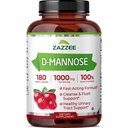 Zazzee D-mannose, 1000 mg na serviranje, 180 veganskih kapsul, 3-mesečna oskrba, moč in hitro delovanje, Certified Kosher, 100% čista, vse-naravni urein Tract Health Support, 100% vegetarijanska, ne-GMO