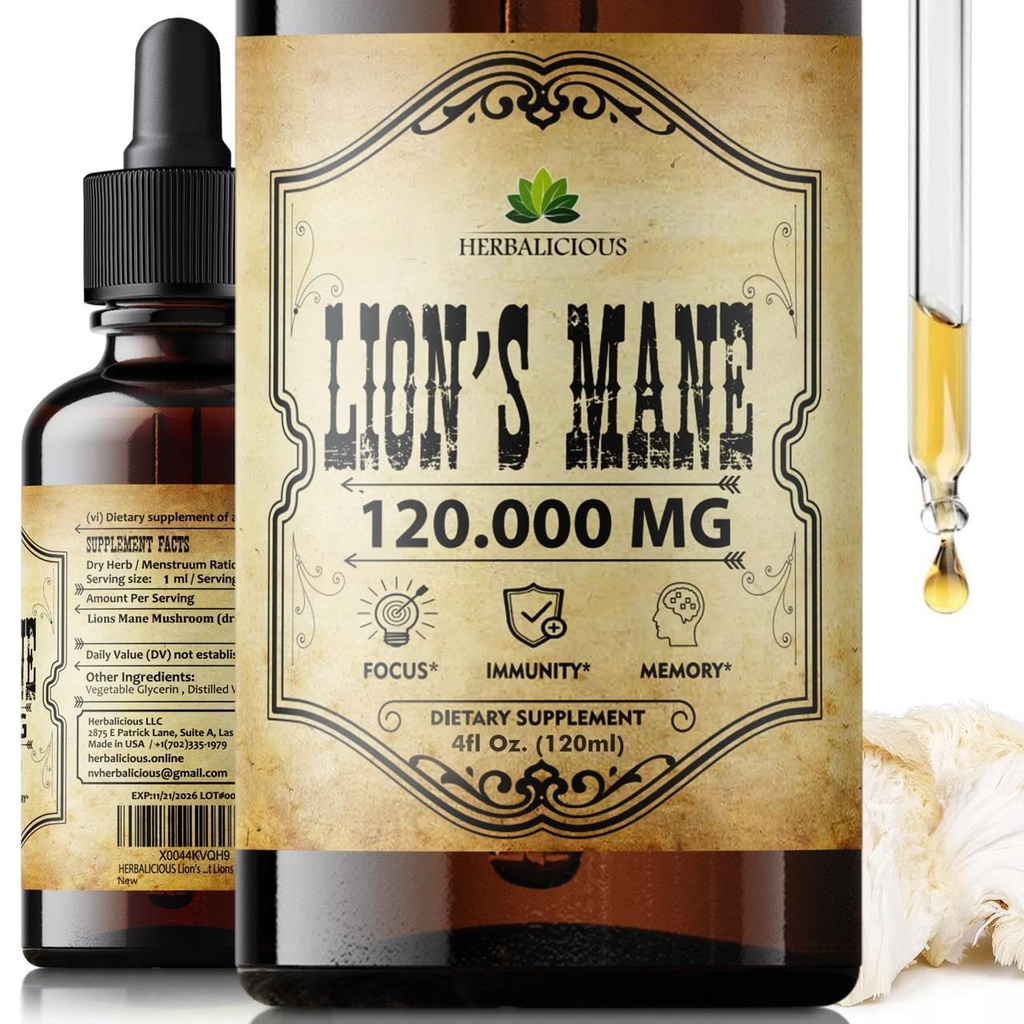 Lion's Mane Extract 4 fl oz Liquid – Naravna goba dodatek Tinktura za možgane, spomin, mentalna jasnost in fokus – Imunska podpora – Visoka jakost Formula – 90-dnevna dobava