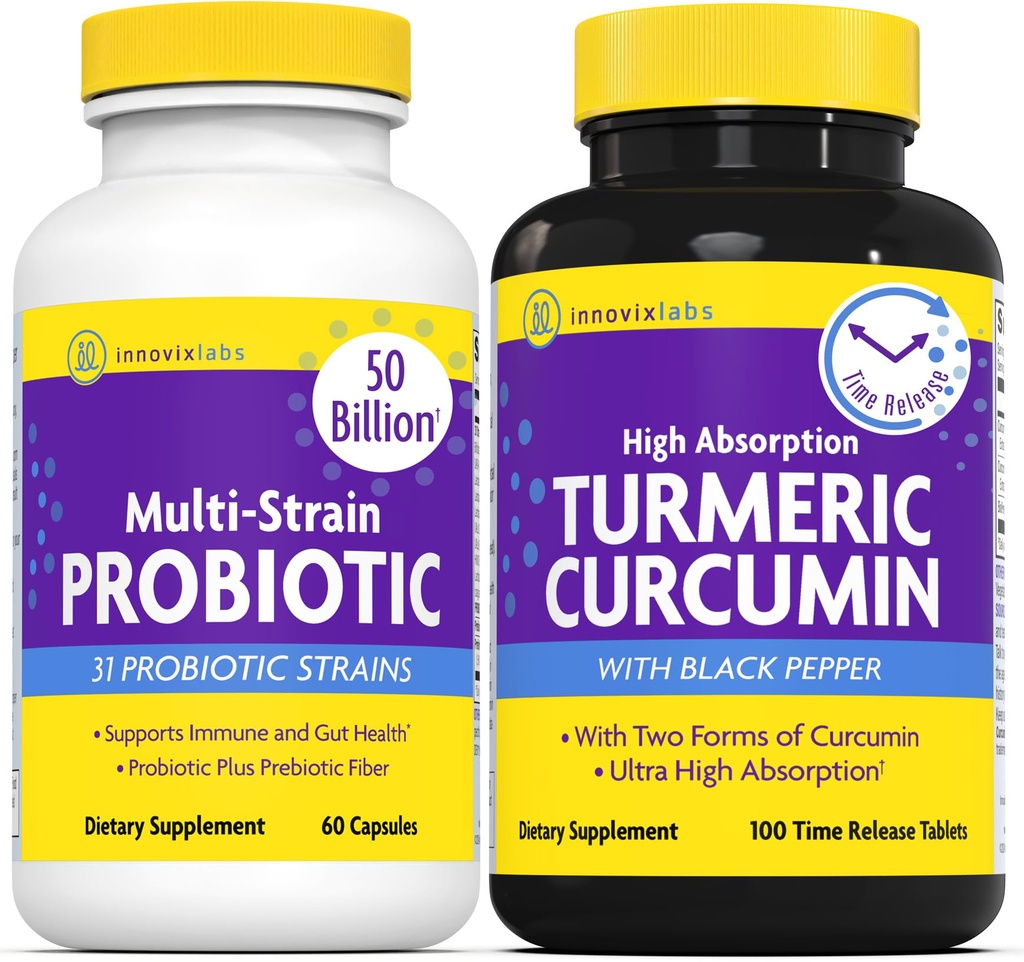 InnovixLabs Multi Probiotic & Curcumin Bundle Multi-Strain Probiotic (60 kapsul za sproščanje časa) Kurkumin (100 tablet za sproščanje časa). Podpira Gut in Imunsko zdravje. *