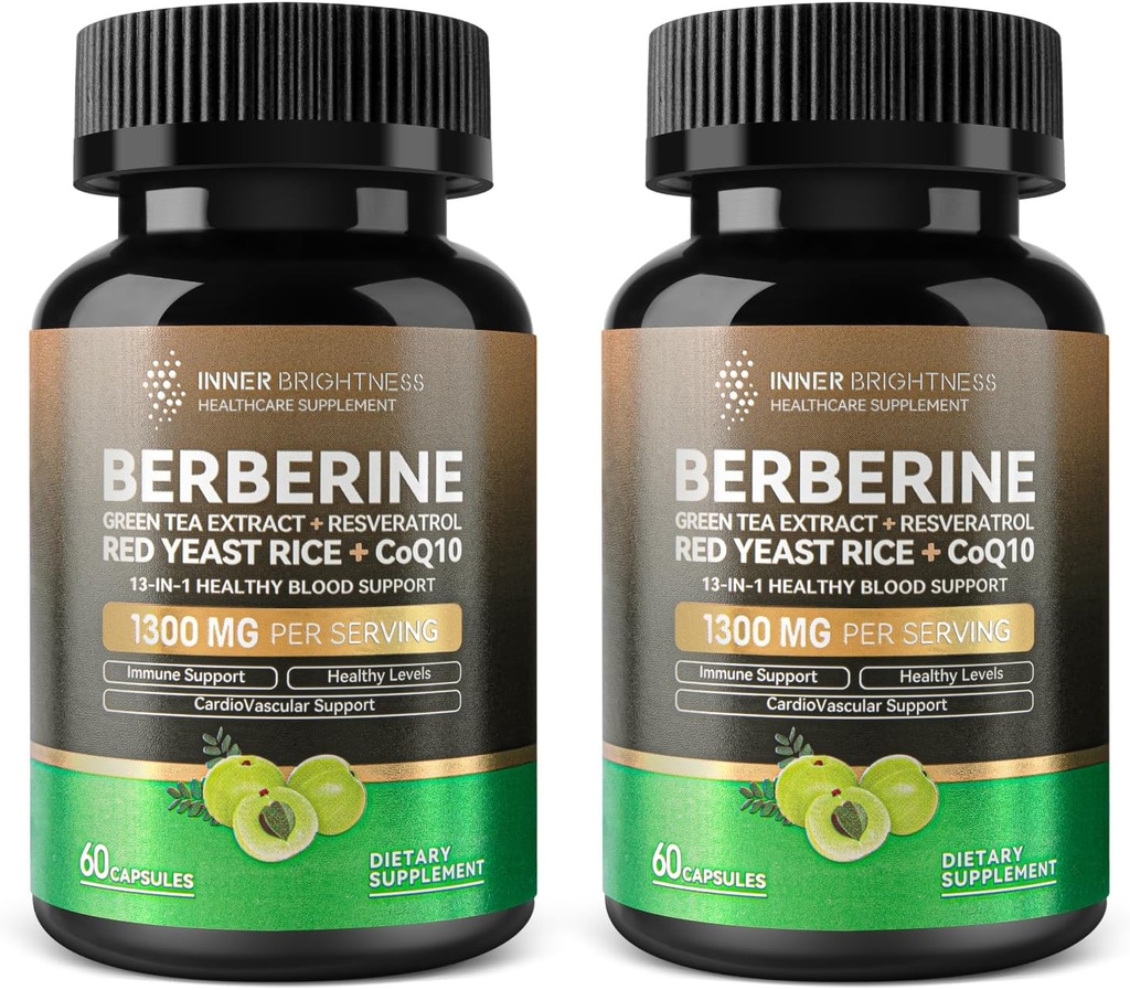 Berberine 1300mg z ekstraktom zelenega čaja, Resveratrol, rdeči riž in CoQ10 – 13-v-1 Imunsko zdravje, naravna presnovna podpora – 60 kapsul – ne-GMO, laboratorij Tested – 2 pakiranji