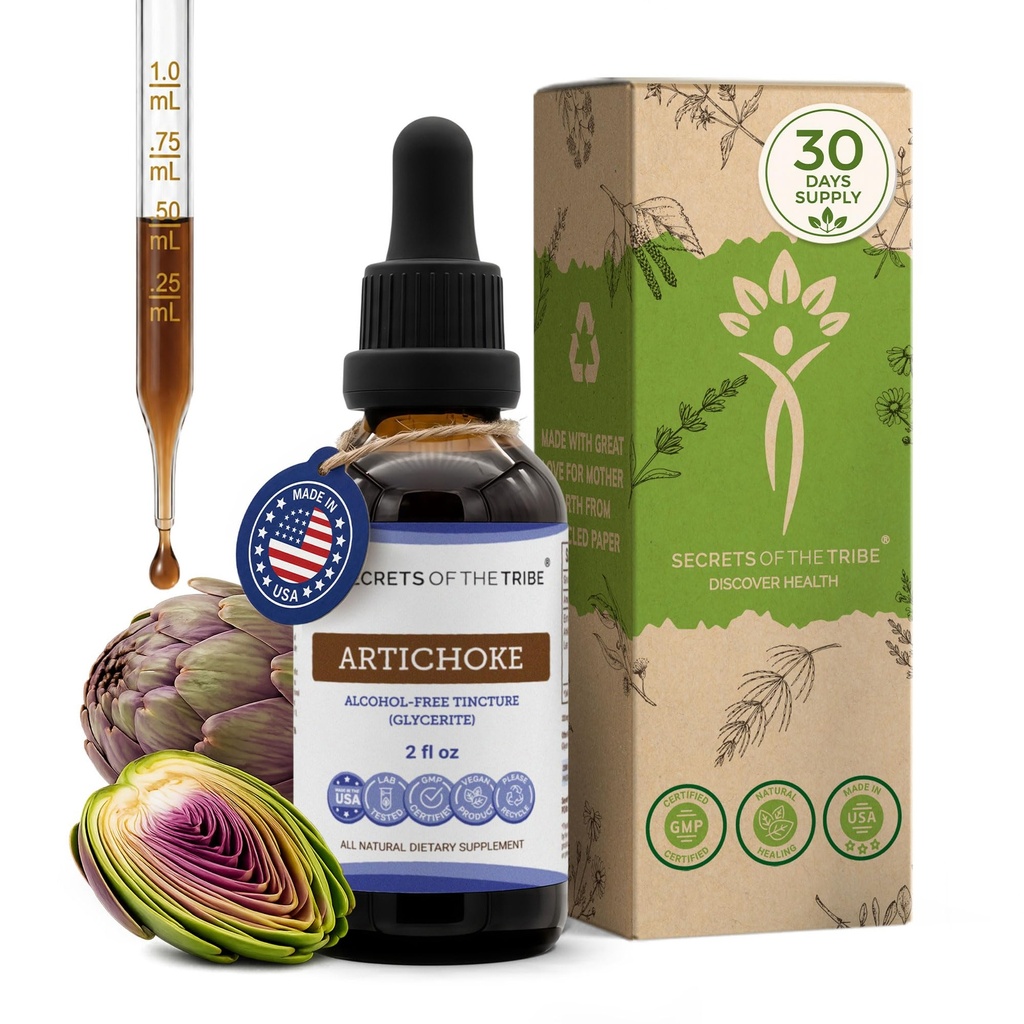 Skrivnosti Tribe Artichoke Tinkture Tekoči ekstrakt brez alkohola, Artichoke (Cynara scolymus) Suhi list (2 FL OZ)
