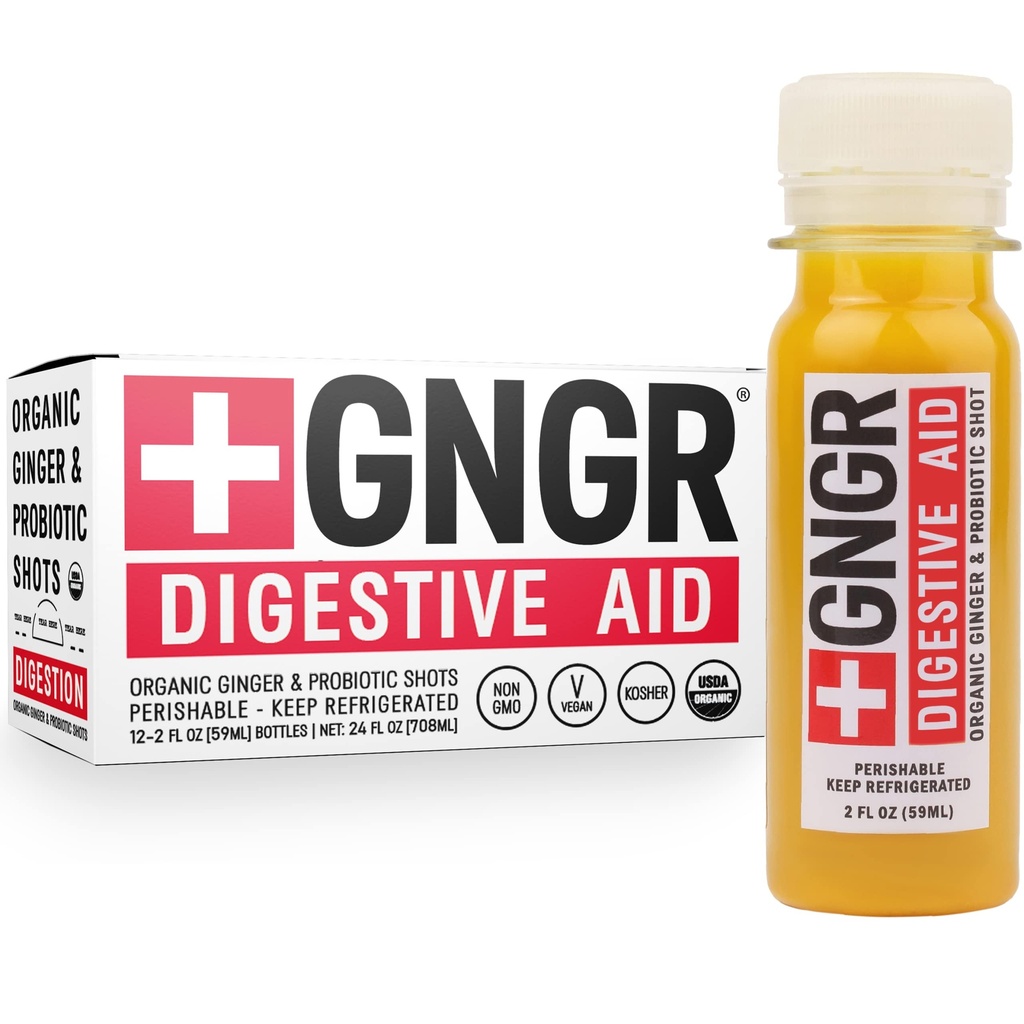 +GNGR Digestive Aid Organic Ginger Shots s probiotiki, Gut Health, Colon Cleanse, Bloating Relief, Gut Detox, Immunitete Shots z ingver juice, Kurkuma, Črna paprika. (2 Oz, Paket 12)