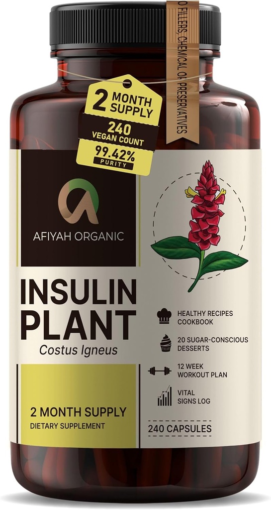 Premium Quality Costus Igneus (Insulin Plant) Kapsule - enostavno pogoltniti 240 Veggie kapsule (2 mesec dobave) - Izdelano v ZDA - Vključno s celotnim programom zdravstvene podpore