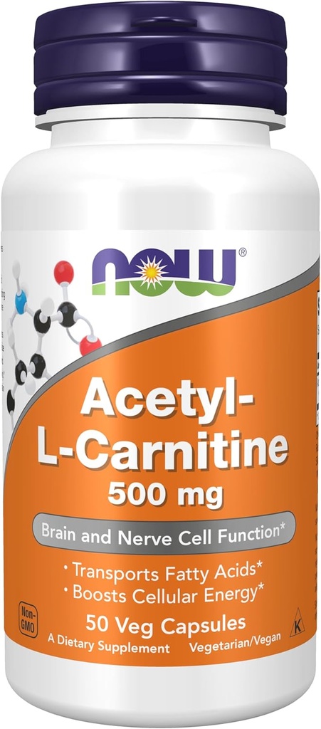 NOW Foods Supplements, Acetil-L Carnitine 500 mg, Aminokisline, možganske in živčne celice funkcije*, 50 Veg kapsule