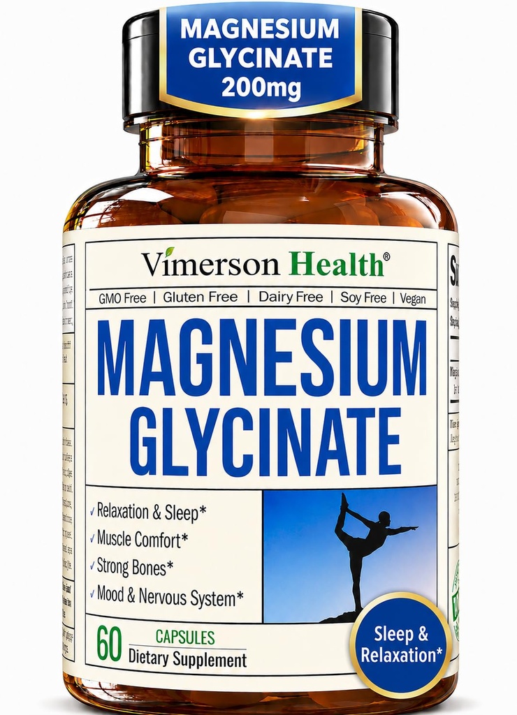 Čisti magnezijev glicinat 200 mg (Glicinato de Magnesio) – Kelirani magnezijev dodatek za spanje, sprostitev, mišično in žensko dobro počutje – bolje absorbirani kot citrat ali oksid – 60 veganskih kapsul