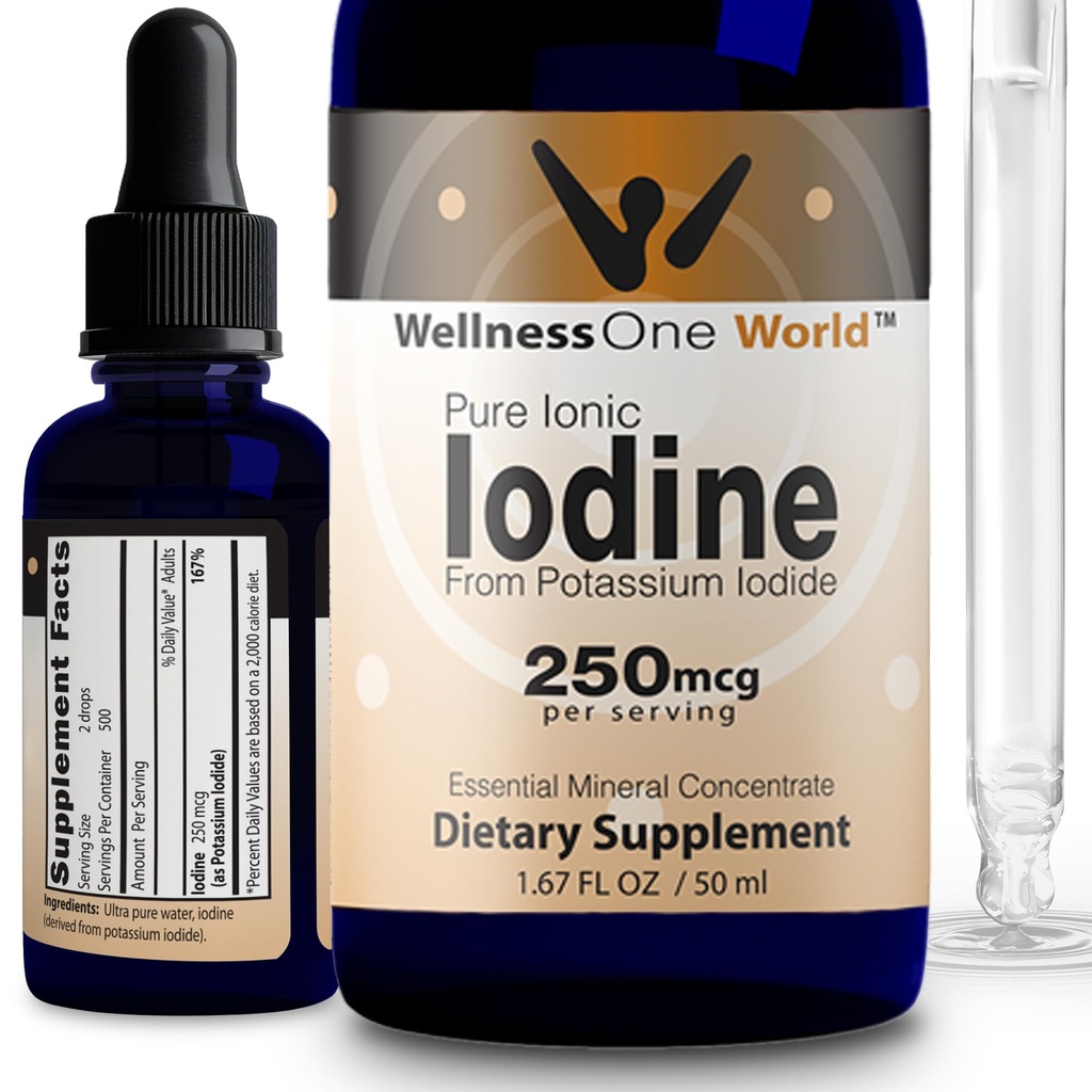 WellnessOne Jodine kapljice za podporo ščitnici - hitro delujoči tekoči jod dodatek iz kalijeve jodide - super za imuniteto in kognicijo & Maksimira absorpcijo železa - 1,67 fl oz