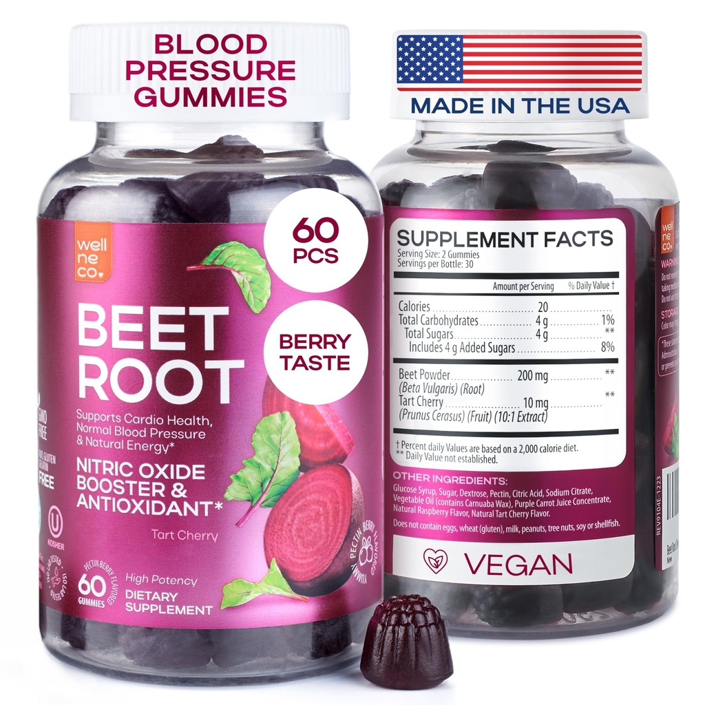Beet Chews za visok krvni tlak - Beet Root Gummies Izdelano v ZDA s Tart Cherry - dušikov oksid dopolnila za energijo in kardio zdravje - Vegan, brez GSO, pektin osnova - za ženske in moške, 60 Pcs