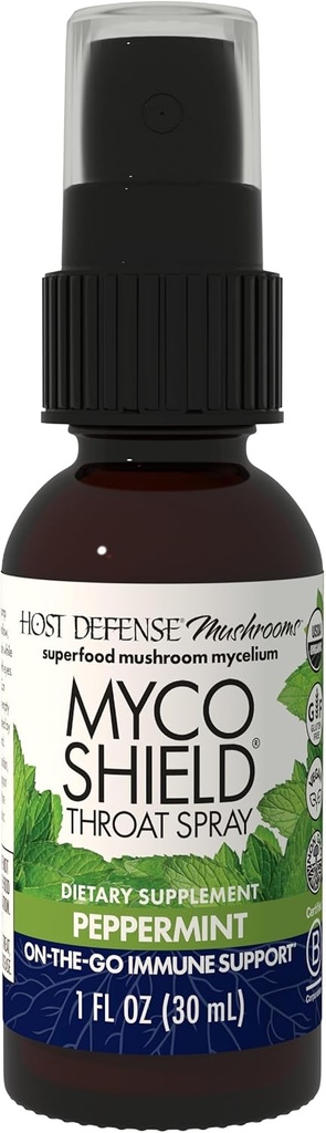 Host Defense MycoShield Throat Spray - Immune Health Support - prehranska goba dodatek s Chaga, Reishi, Turčija Tail & More - On-The-Go Immune Support - Peppermint, 1 fl oz (71 Služabniki)*