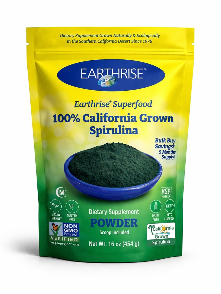 Earthrise Spirulina Natural Powder 16oz, Natural Premium Spirulina iz California- Vegan, Gluten Free, Keto prijazno, Non -GMO Super Hrana visoko v vitaminih in mineralih. (1 LB)