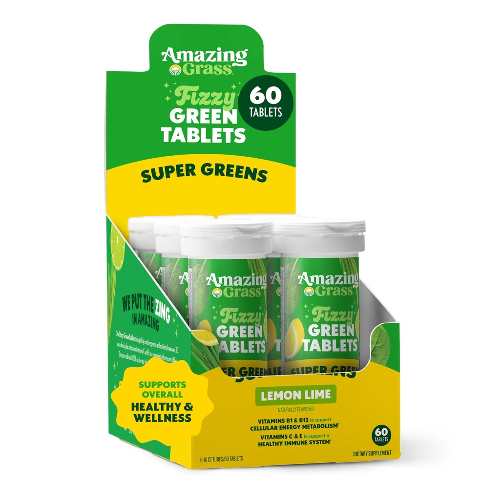 Neverjetne travne šumeče tablete: zelena superhranska voda arome Tableta z antioksidanti & Alkalising Greens, limona, 60 Število