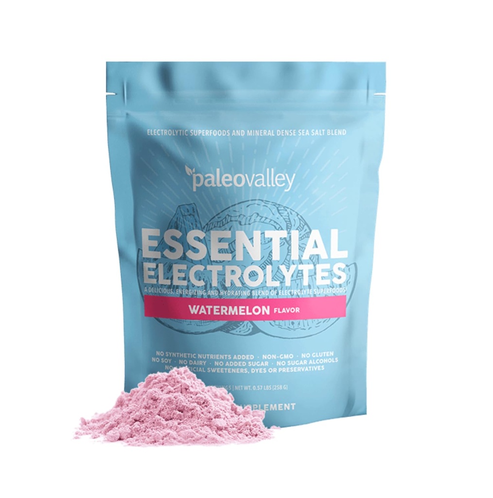 Paleovalley Essential Electrolytes Powder - Polni spekter lubenice Elektrolit Powder za hidracijo, energijo in okrevanje mišic - Brez dodanega sladkorja - 28 Servinges