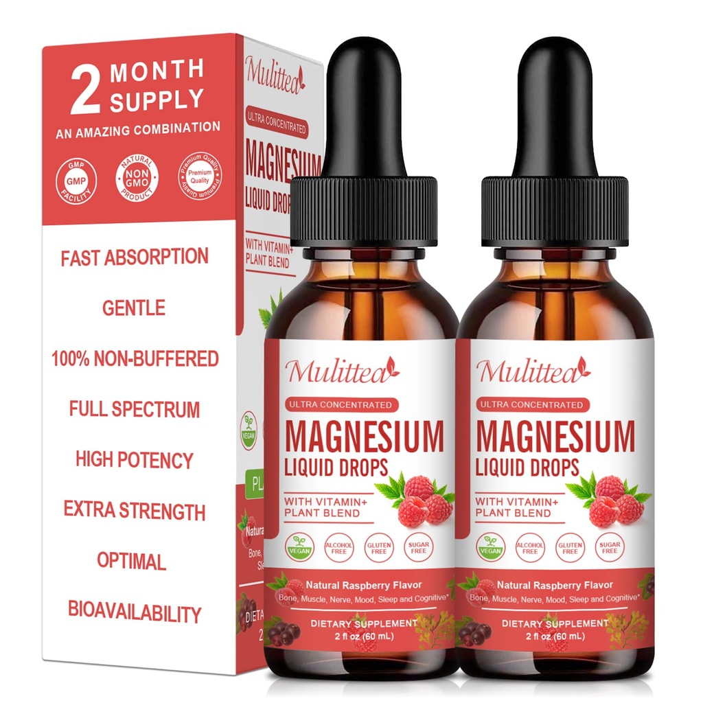 Magnezij Glycinate Tekoča kapljica - Trojna absorpcija dopolnilo za podporo živcev, spanje, mirno, srce, mišice * - Sugar-free s kalijem, L-teanin, Sea Moss, Vitamin B,C,D3, K2-2Pack