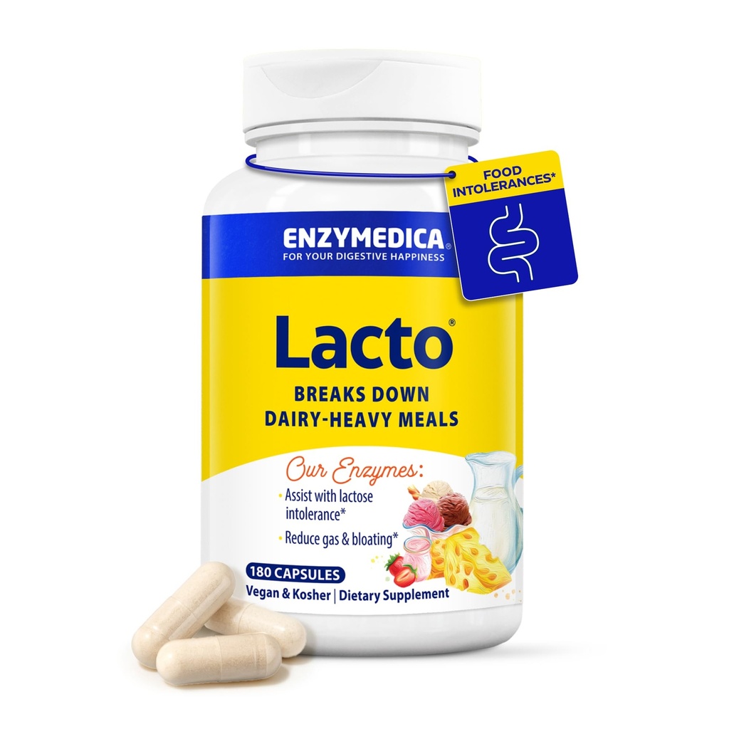 Enzymedica Lacto, napredne tablete Lactase za podporo mlečnim izdelkom, pomoč pri odvajanju laktoze, kazeina in maščob, tablete za pomoč pri mlečnih izdelkih, Vegan, 180 kapsul