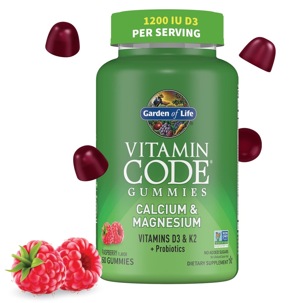 Vrt življenja Vitaminska koda Kalcij Magnezij Gumiji z D3 & K2, Podpira zdravje kosti in kosti moč + Prebiotiki in probiotiki za prebavne podpore, Non-GMO, Gluten-free, 60 Raspberry Gumies