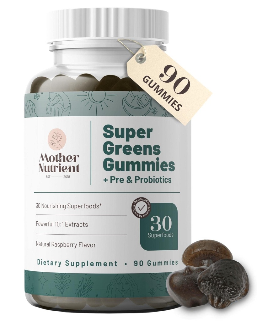 Super zeleni Gumiji za ženske, odrasli - s prebiotiki in probiotiki, ne 8, ampak 30 Močni zeleni Superživila - Multivitaminski vegetarijanski žvečljivi izdelki (90 Gummies)