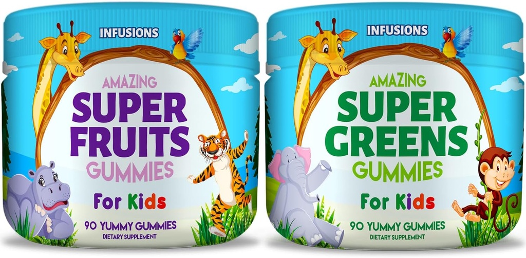 Infuzije Super sadje in Super zelene Gumije za otroke 180 Count Superfood Mešanica mehko in okusno Gluten brezplačno ne-GMO
