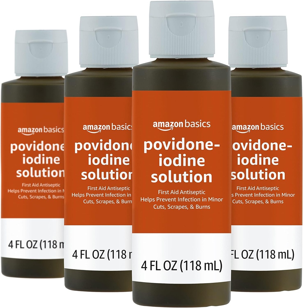 Osnove Antiseptična prva pomoč, 10% Povidon Jodin raztopina, 4 Fluid Ounces, 4-Pack (Prej Solimo)