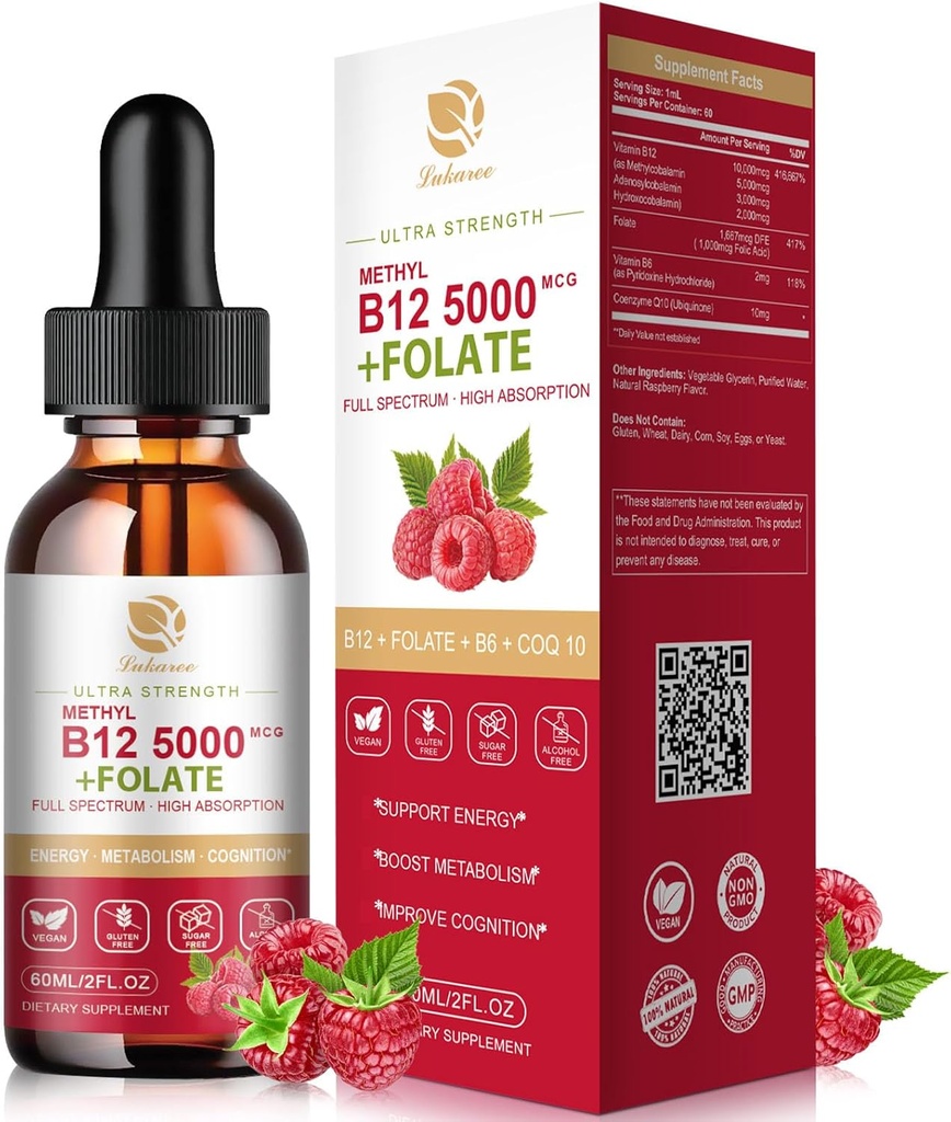Lukaree Vitamin B12 Podjezične kapljice Vegan B12 Vitamini Liquid-Full Spectrum-Metilkobalamin, Adenosyl & Hydroxy B12, za energijo, fokus, Mood in Imunska podpora- 2 Mesec dobave, 2 fl
