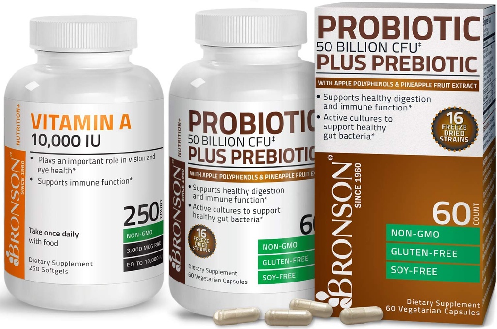 Bronson probiotik 50 milijard CFU + prebiotik z izvlečkom jabolčnega polifenola in ananasa + vitamin A 10.000 i.e. Premium non-GMO formula