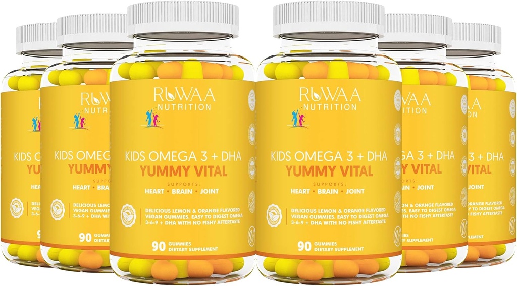 RUWAA HRANILA Otroci Omega 3 Gumies DHA EPA Omega 3 Dopolnilni otroci. Brez ribjega olja After-Taste Vegan Omega 3 6 9 + DHA Gummies & Vitamin C. Kognitivno zdravje, Fokus, Vizija. Otroci Omega 3 540ct (6)