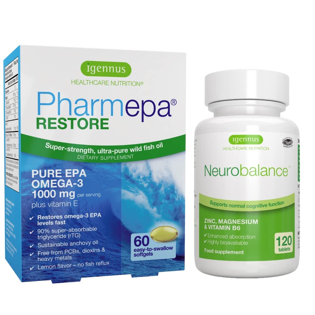 Igennus Pharmepa Obnavljanje EPA + Neurobalance Cink, Magnezij & Vitamin B6 Mood Health Bundele za pozornost in fokus