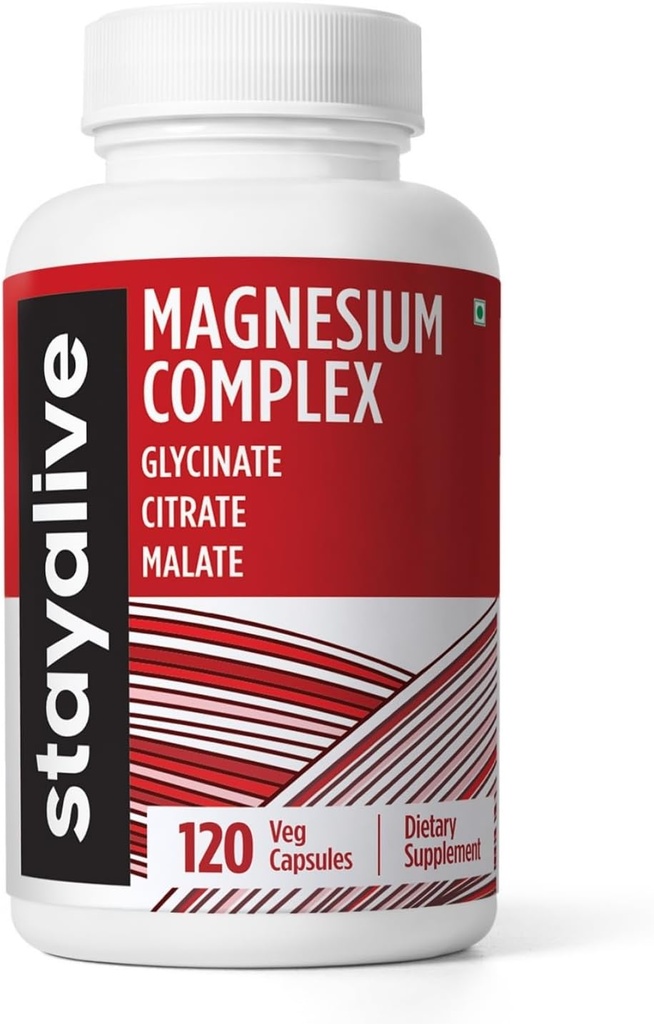 STAY ALIVE Triple Magnezijev kompleks dodatek 500mg, kelirani glicinat, citrat in malat prašek, visoka absorpcija Magnezij za ženske in moške, 120 tablete, Ne-GMO & Gluten-free kapsule