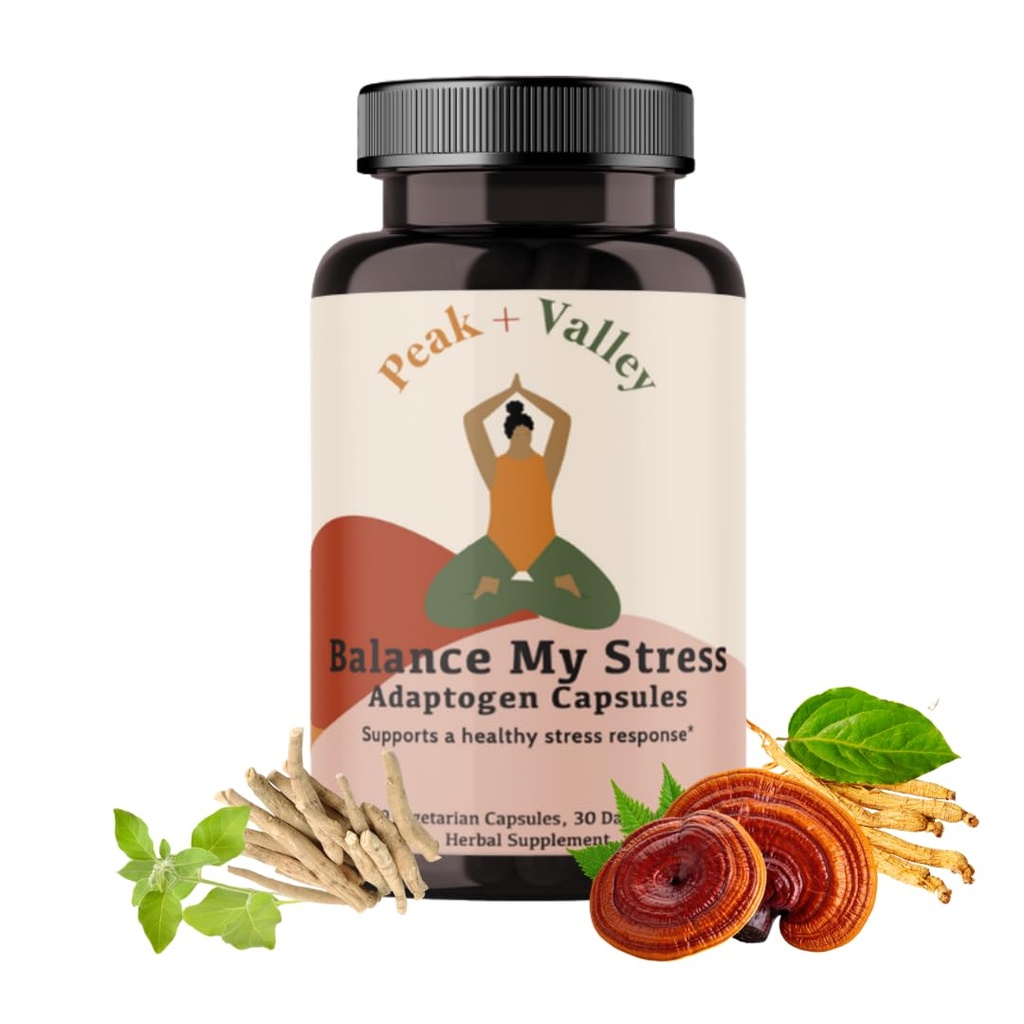 Peak + Valley Stress Relief Supplement for Mood Support Balance My Stress Capsules - Contains Adaptogens, Ashwagandha, Eleuthero Root, Reishi Mushroom Supplement - Natural Mood Stabilizer - 60 Ct