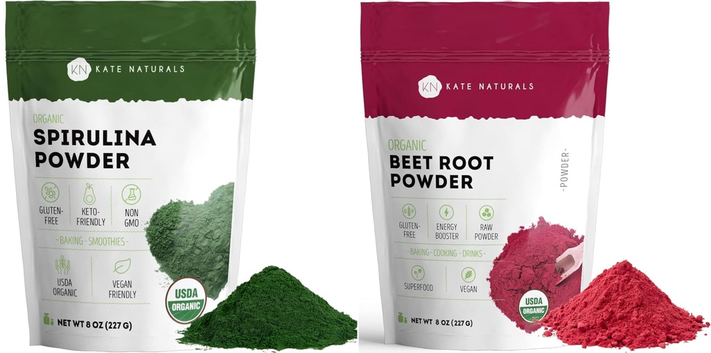 Kate Naturals Organic Spirulina v prahu in pesa koren prahu paket