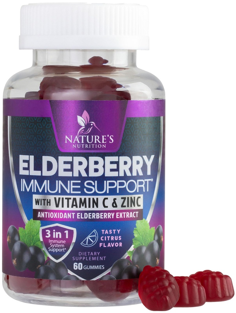 Imunska podpora Gumies - Sambucus Elderberry Gummy s starejšim Berry Extract, cink & vitamin C, naravni veganski imunski dodatek za odrasle in otroke, Gummy Elderberry Vitamini - 60 Gumies