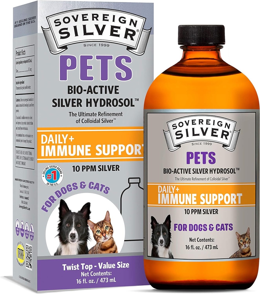 Suveren Silver Pets Imunska podpora – koloidno srebro, bioaktivno srebro Hidrosol, za pse in mačke, 10 ppm, Tekoči Twist Top, 16 Fl Oz, (473 ml)